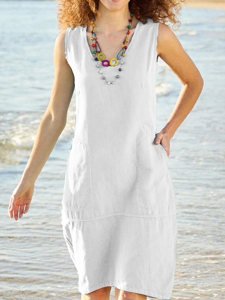 Women Fashion Summer Casual Solid Color Sleeveless Dress