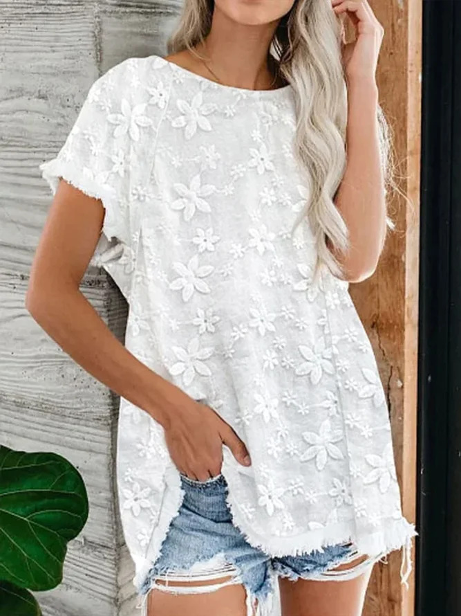 Women Casual Summer Loose Lace Short Sleeve Solid Color Blouse