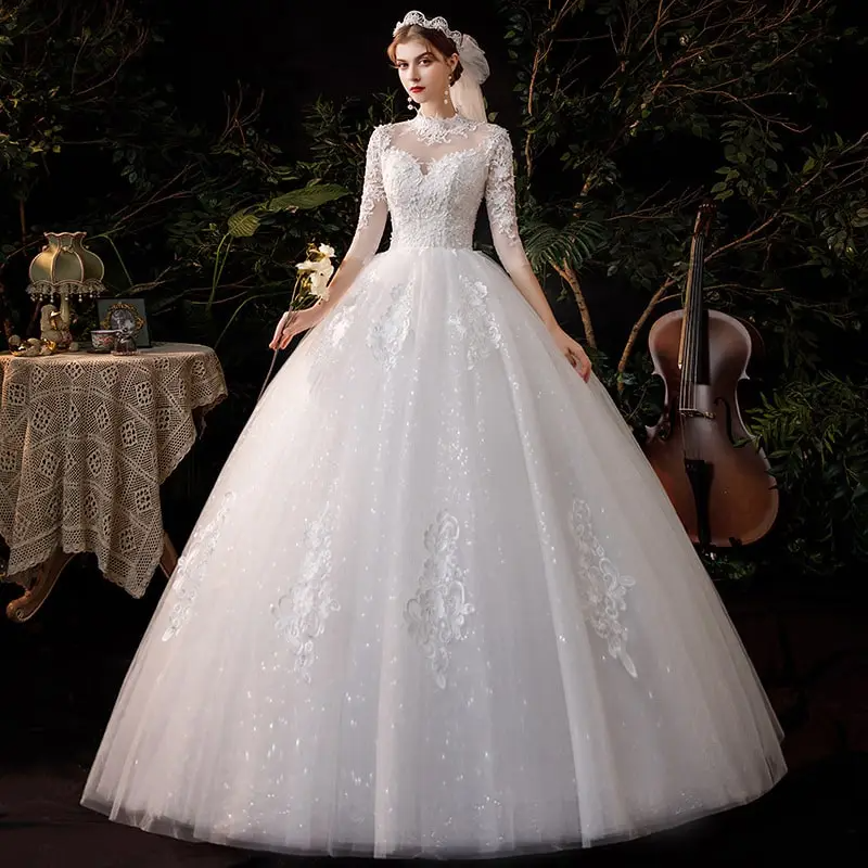 Women Elegant Stand Collar Crochet Hollow Out Lace Wedding Gown