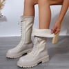 Women Fashion Plus Size British Style Warm Fleece-Lined Round Toe Strap Thick-Soled High Boots