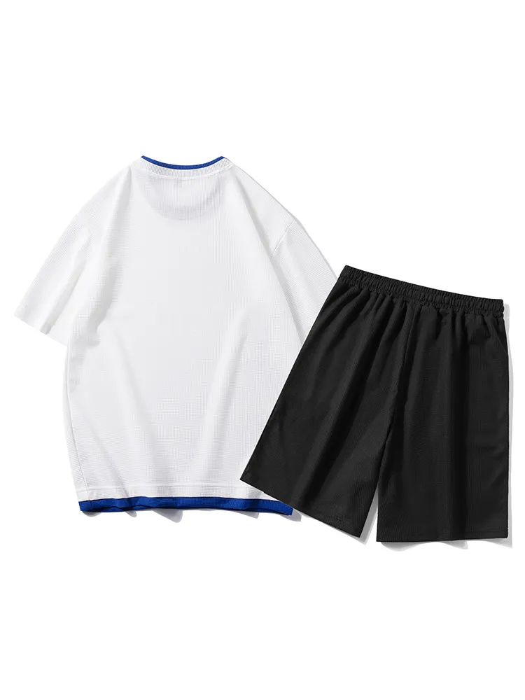 Unisex Fashion Waffle Round Neck Short Sleeve Oversized Loose T-Shirt And Shorts Two-Piece Set