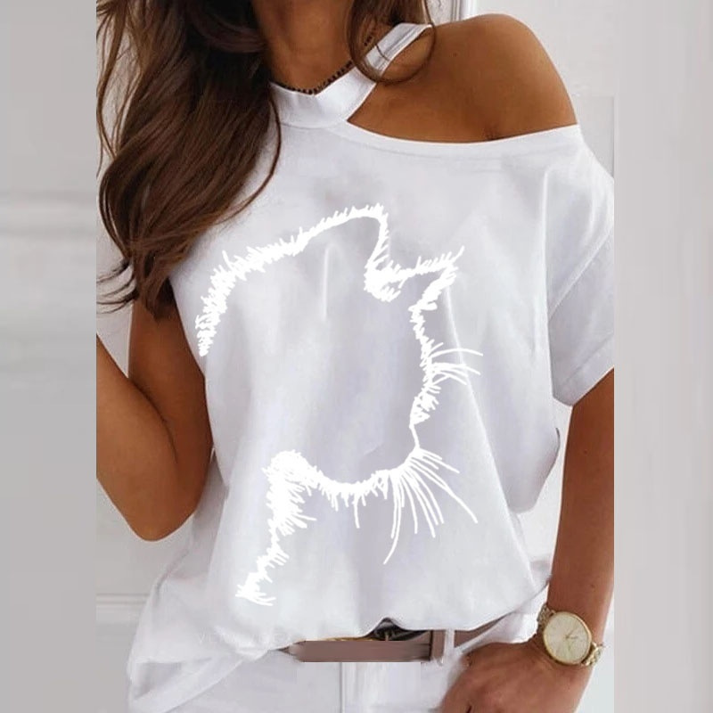 Fashion Loose Women'S Cat Print Short Sleeve Round Neck Cool-Shoulde T-Shirt