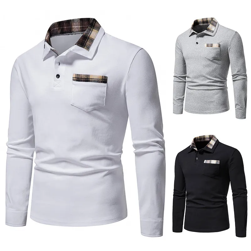 Men Casual And Long-Sleeved Plaid Collar Lapel Polo Shirt