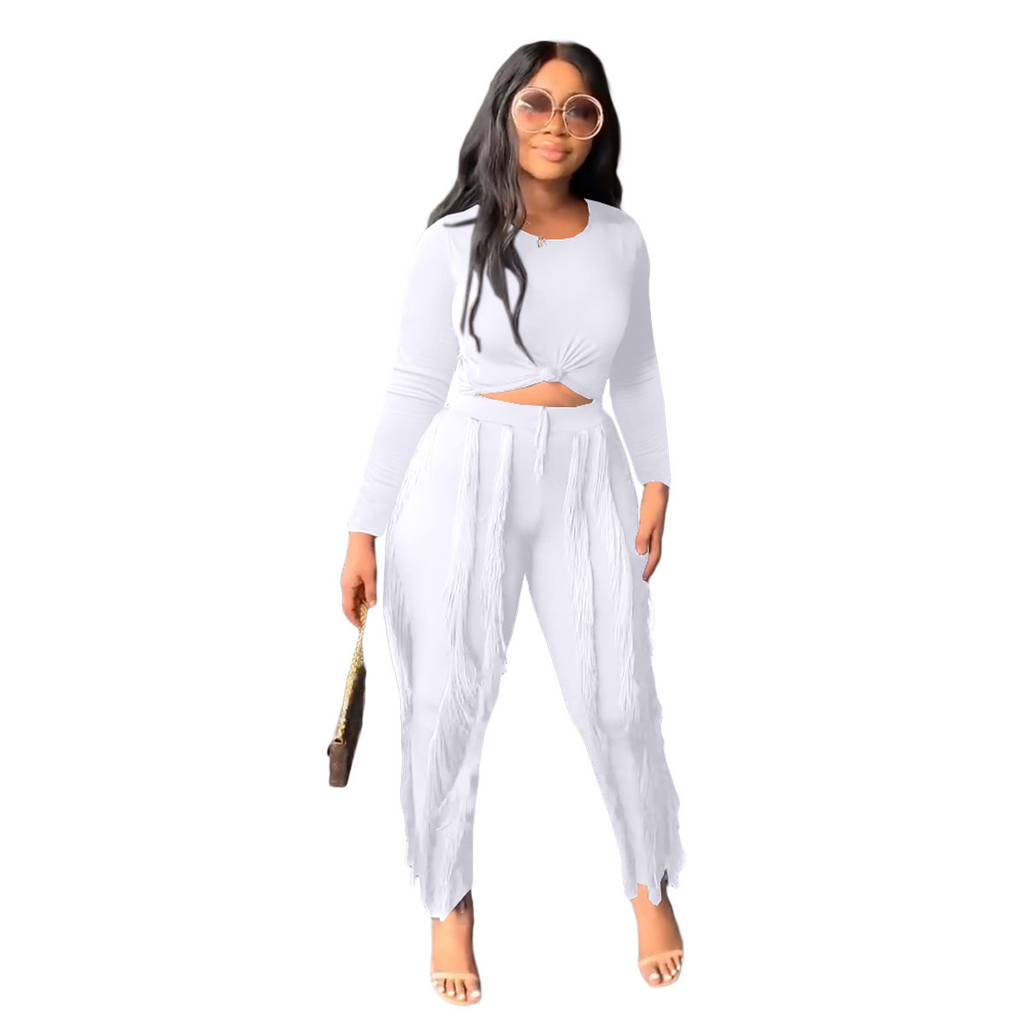 Women Solid Color Crewneck Long Sleeve Top And Tassel Pants Fashion Two-Piece Set