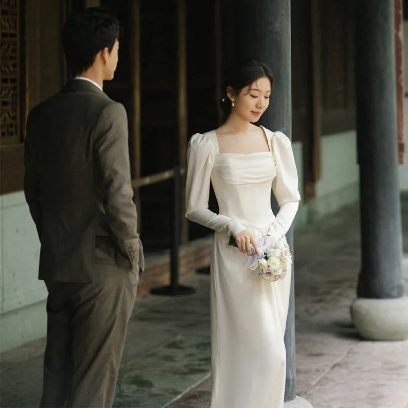 Korean-Style Women Wedding Satin Long Sleeve Temperament Evening Mermaid Dress