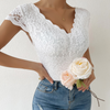 Women Summer Solid Color Sexy Lace See-Through Deep V Open Back Bodysuit