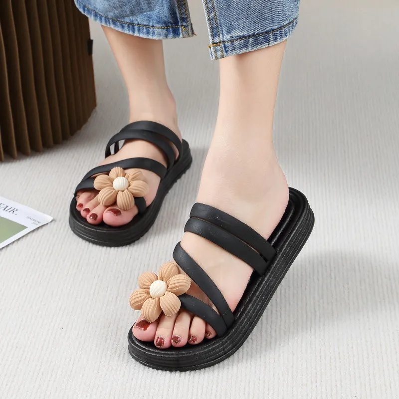 (2 pair) Women Fashion Solid Color Floral PVC Thick-Soled Round Toe Slippers