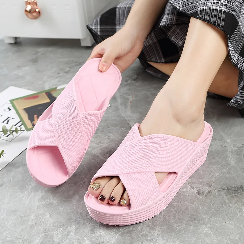 (2 pairs) Women Fashion Solid Color Cross Thick-Soled Wedge Heel Round Toe Slippers