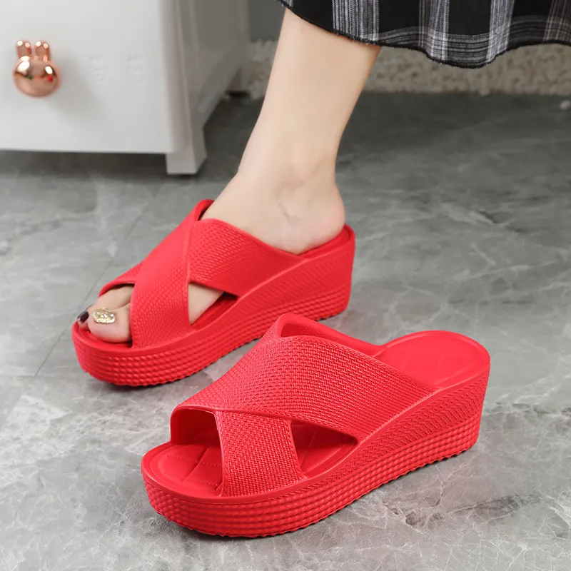 (2 pairs) Women Fashion Solid Color Cross Thick-Soled Wedge Heel Round Toe Slippers