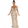 Women Elegant Mesh See-Through Sequins V Neck Slip Floor Length Wedding Evening Dress