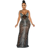 Women Elegant Mesh See-Through Sequins V Neck Slip Floor Length Wedding Evening Dress