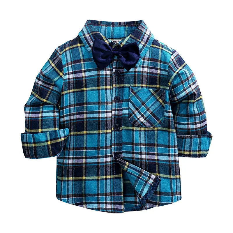 Fashion Boys Plaid Pattern Lapel Tie Shirt