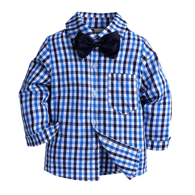 Fashion Boys Plaid Pattern Lapel Tie Shirt