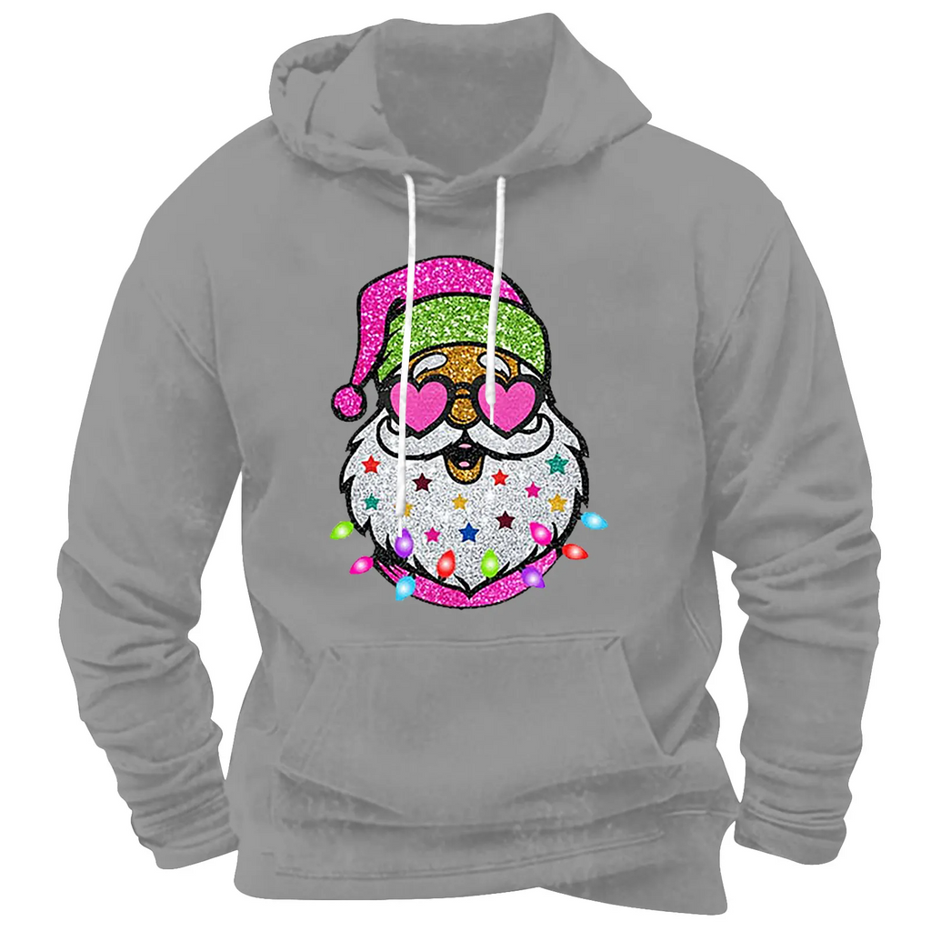 Christmas Men Cartoon Multicolor Santa Printed Long Sleeve Hooded Sweatshirt