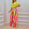 Women Elegant Solid Color Top And Floral Printed High Waist Wide Leg Pants Two Pieces Office Chic Set