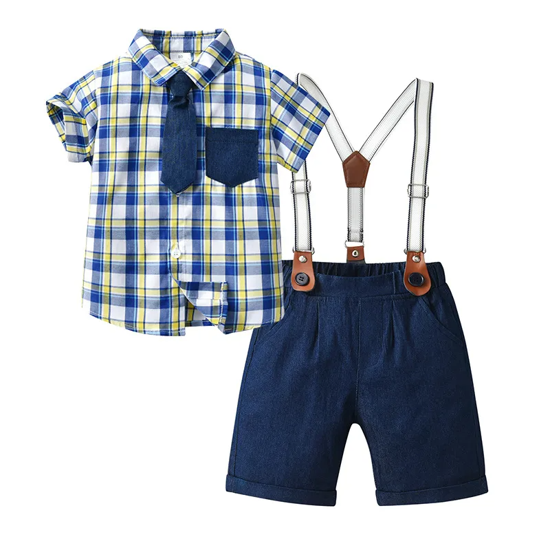 Kids Toddler Boys Summer Fashion Casual British Style Tie Playid Lapel Shirt Suspender Trousers Boys Party Clothing Set