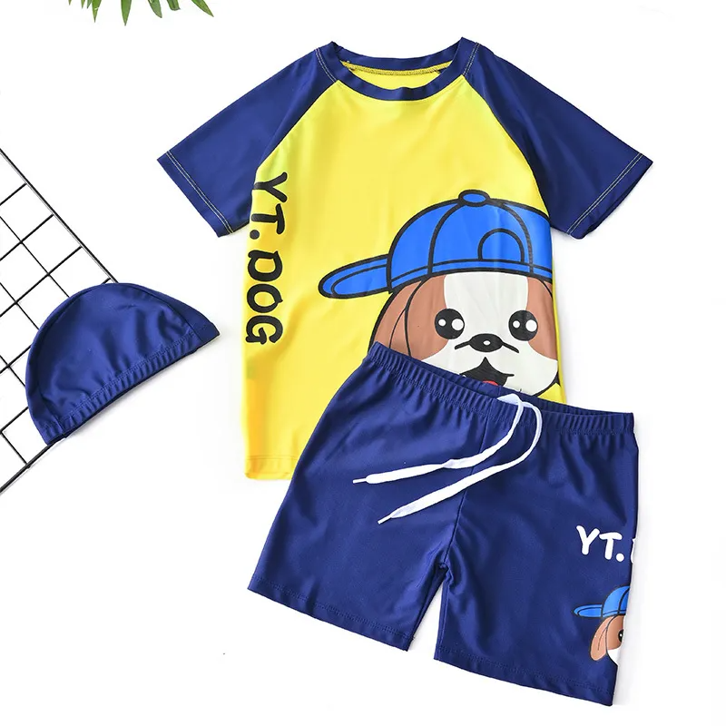 Kids Boys Cute Cartoon Puppy Letter Pattern Round Neck Short Sleeve Top And Elastic Bottom With Cap Set