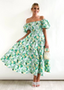 Women'S Temperament Fashion Backless Boat Neck Floral Printing Puff Sleeve Dress