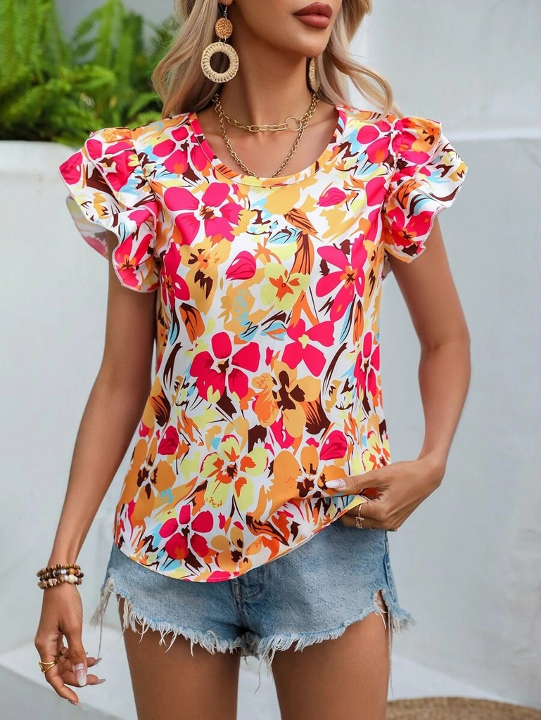 Fashion Women Summer Vacation Floral Print Double Layer Ruffled Short-Sleeved Blouse