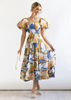 Women'S Temperament Fashion Backless Boat Neck Floral Printing Puff Sleeve Dress