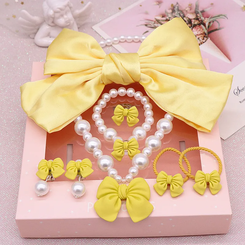 (Buy 1 Get 1) Children Kids Baby Fashion Girls Bowknot Pearl Bead Necklace Bracelet Earrings Set