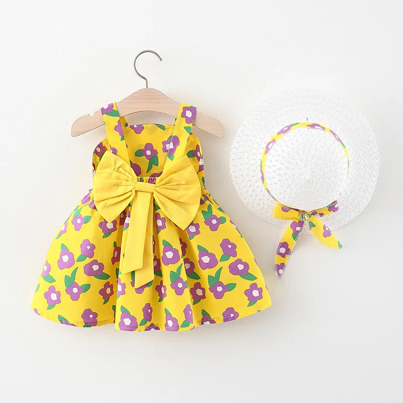 Toddlers Newborn Baby Fashion Girls Sleeveless Flower Print Bowknot Cute Dress And Straw Hat