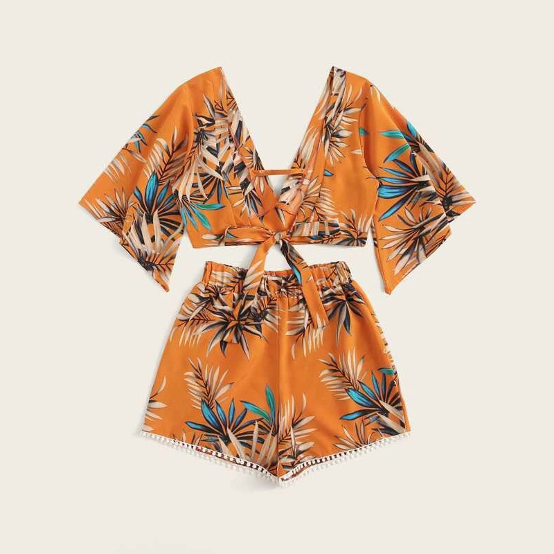 Summer Vacation Leaf Printed V-Neck Short-Sleeved Cropped Blouse Shorts Two-Piece Casual Set