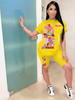 Women Fashion Casual Graphic Printing Short Sleeve T-Shirt Shorts Two-Piece Set