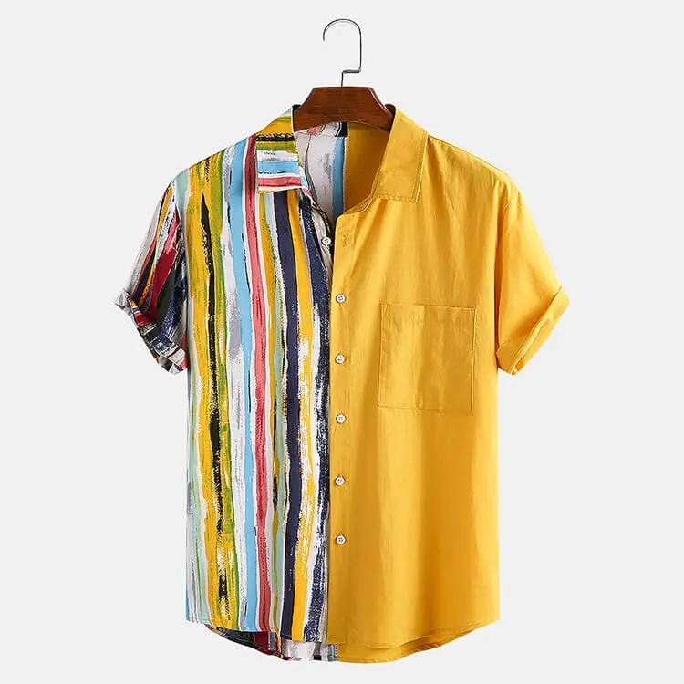 Men Casual Color Blocking Patchwork Loose Lapel Shirt