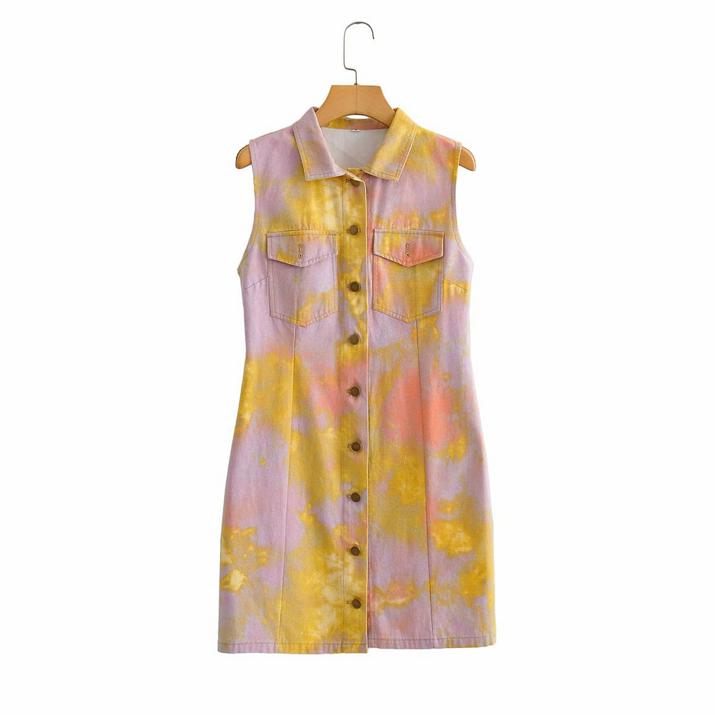 2 Pieces Women'S Fashion Casual Sleeveless Tie Dye Printed Single-Breasted Lapel Denim Dress