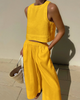 Women Summer Vacation Casual Loose Solid Color Sleeveless Top Wide Leg Pants Two Piece Set