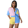 Women'S Fashion Casual Color Blocking Short Sleeve Shirt Pocket Shorts Two-Piece Set