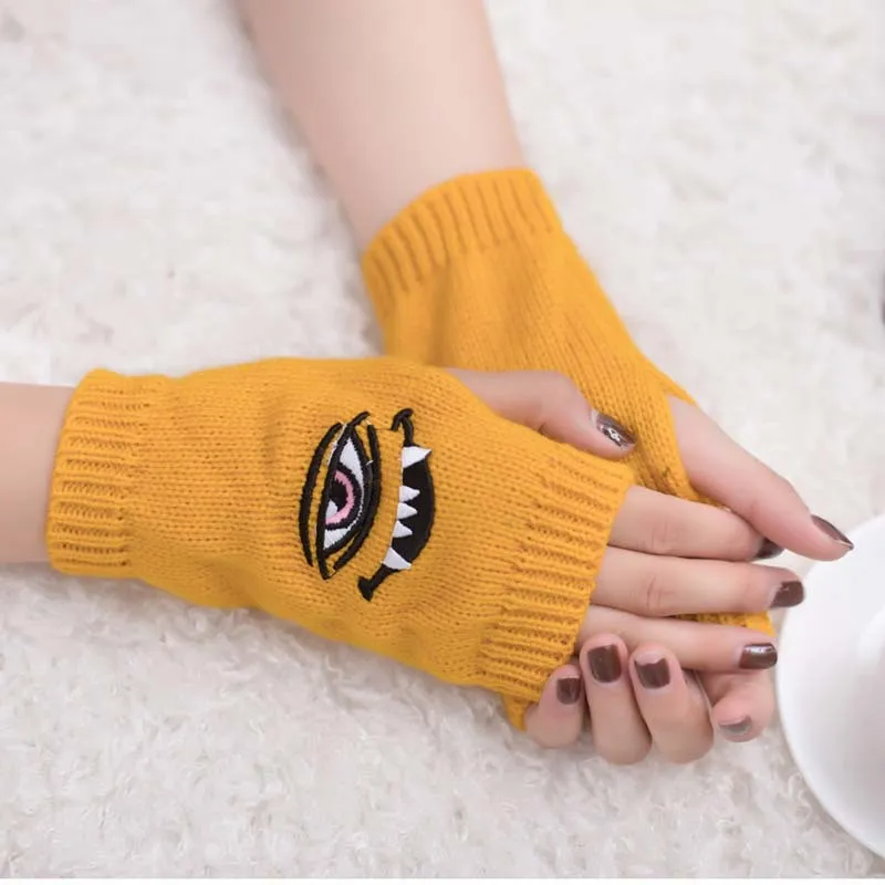 (Buy 1 Get 2) Autumn Winter Women Fashion Devil Eye Embroidered Warm Knitted Half Finger Gloves
