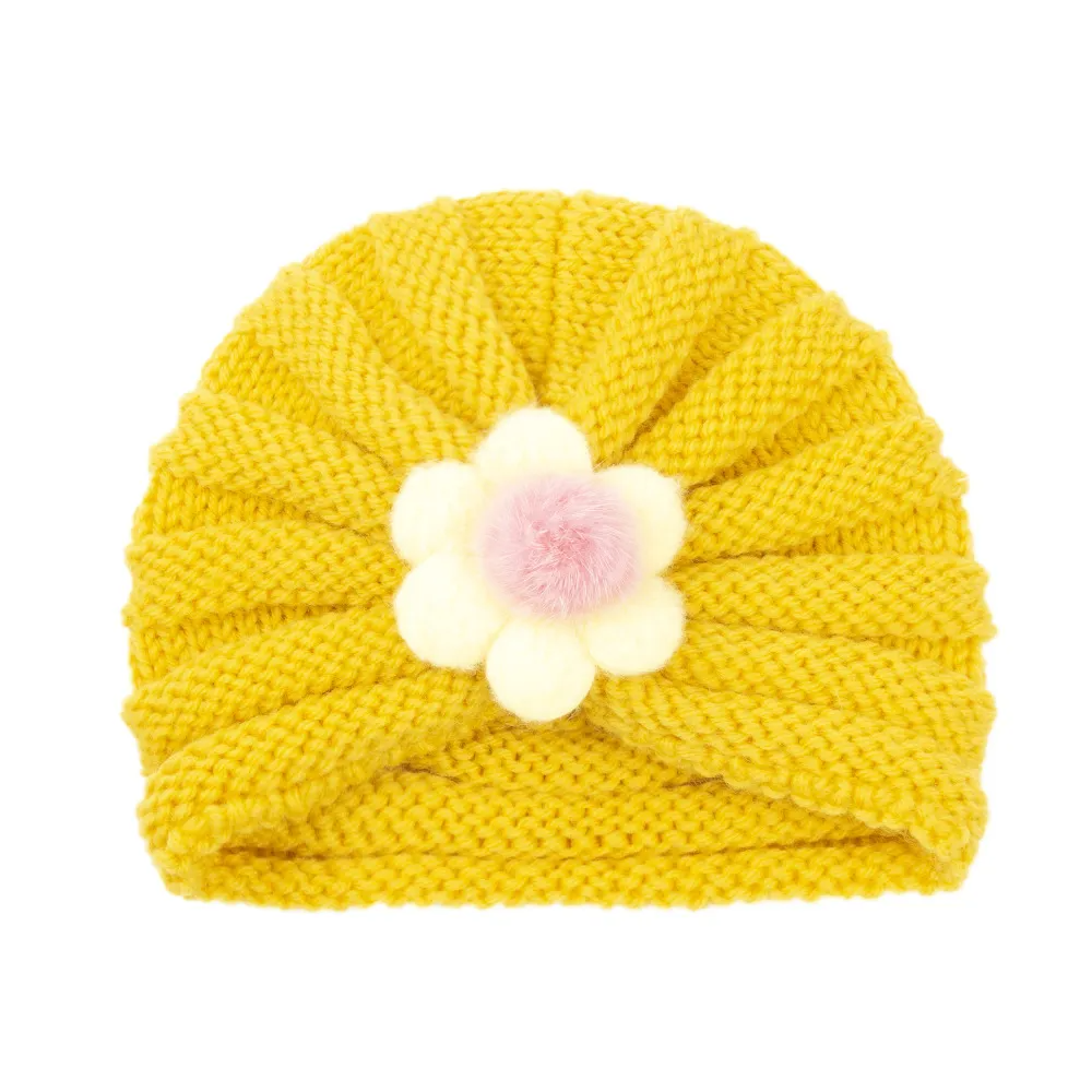 Kids Simple Solid Color Big Flower Warm Woolen Knitted Pullover Hat