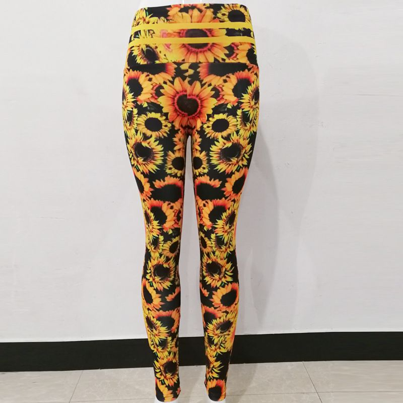 Sunflower Print High-Waisted Sports Leggings Pants