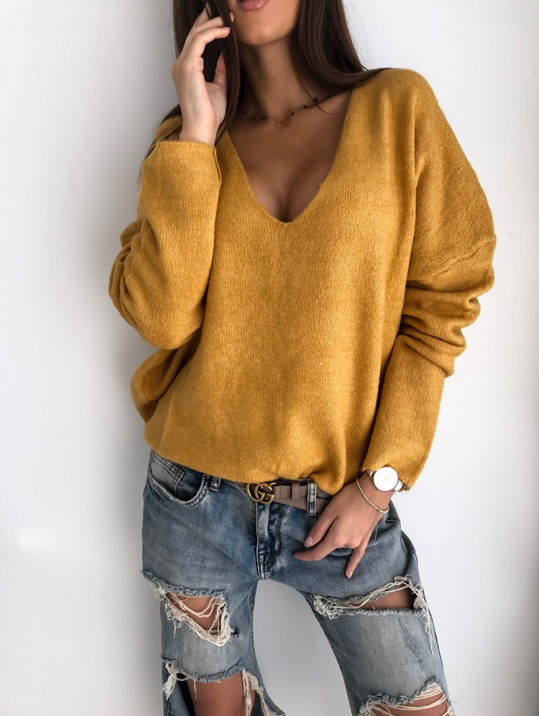 Women Fashion Casual Simple Solid Color V-Neck Pullover Knitted Sweater