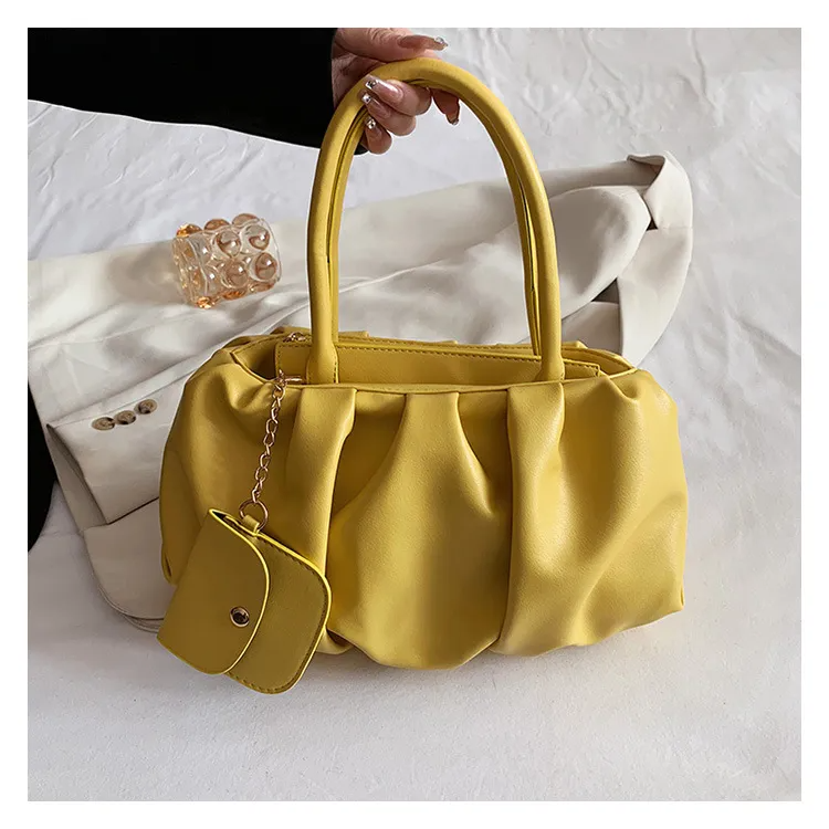 Women Fashionable Solid Color Creased Large Capacity PU Shoulder Handbag