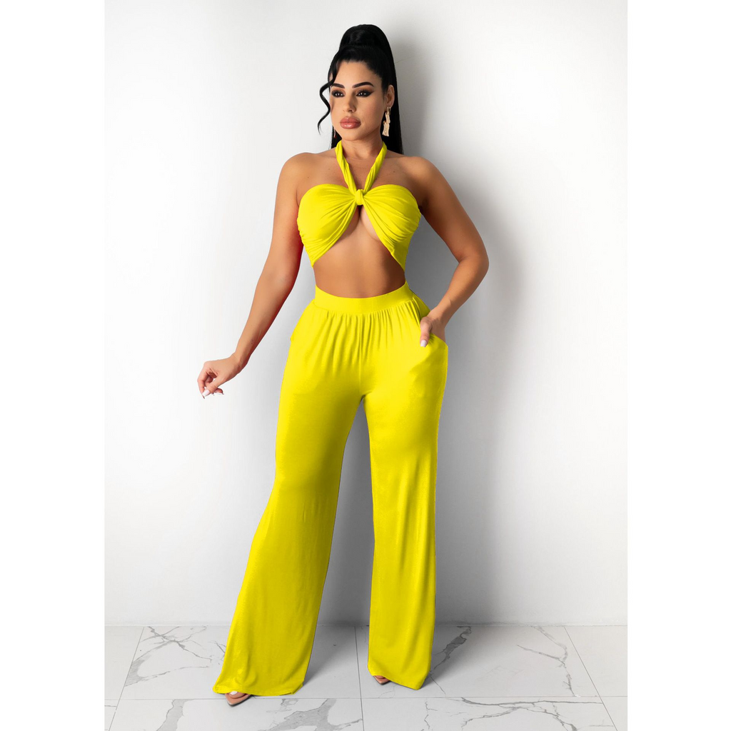 Women Summer Vacation Solid Color Tube Top Wide Leg Pants Two-Piece Set