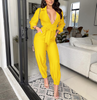 Women Solid Color Lapel V Neck Waist Tie Long Sleeve Loose Casual Jumpsuit