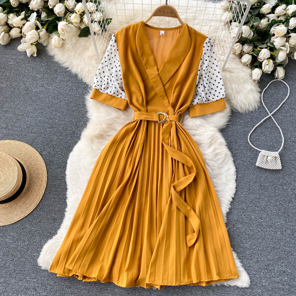 Women Casual Elegant Dot Printed Short Sleeves V-Neck Waist Belt Creased Mid-Length Dress