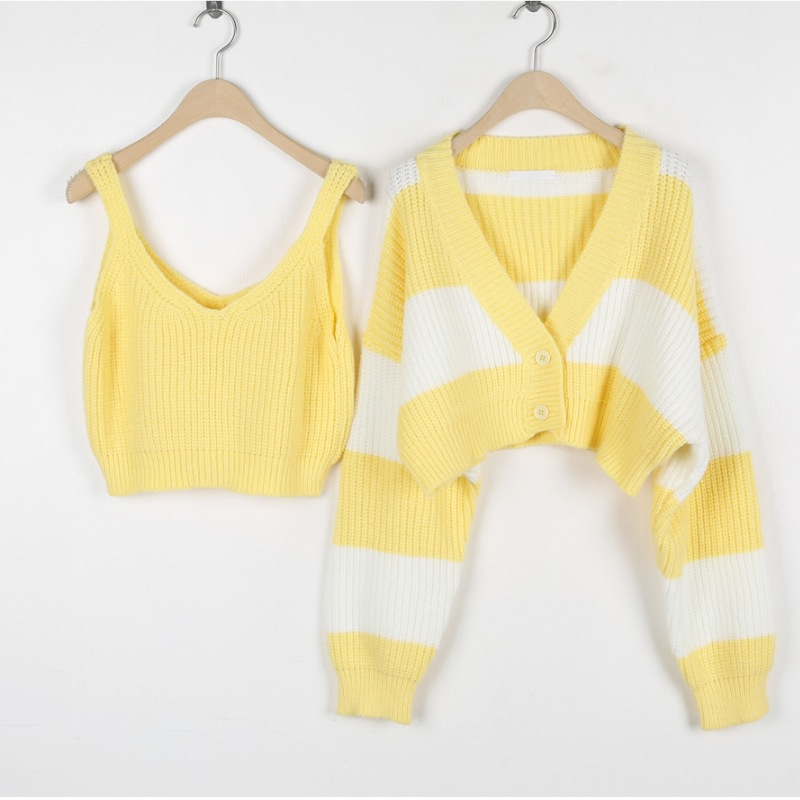 Women Fashion Winter Striped Knitted Sweater Two-Piece Set