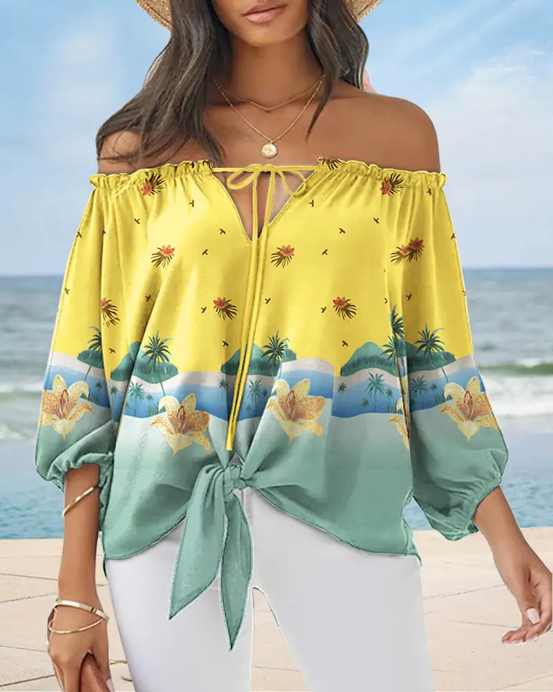 Women Elegant Bohemian Sexy Fashion Floral Print Off-The-Shoulder Top