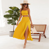 Women Simple Solid Color Tube Top And Split Big Swing Skirt Fashion Two Pieces Vacation Set