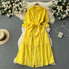 Women Elegant Boho Vacation Solid Color Embroidered Hollow Slim Cropped Sleeve Lace-Up Mid-Length Dress