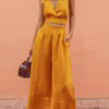 Fashion Summer Casual Vacation Women Solid Color V Neck Crop Top And High Waist Wide Leg Pants Two Pieces Set