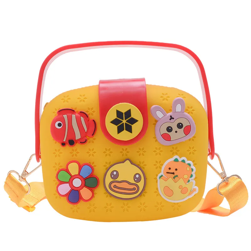 Kids Girls Fashion Sweet Candy Color Cartoon Bunny Fish Duck Dinosaur Flower Silicone Mini Square Handle Crossbody Bag