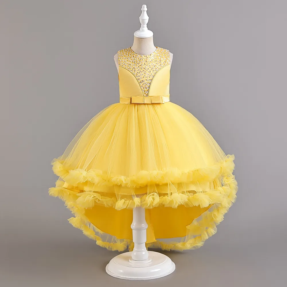 Kids Toddler Big Girls Summer Fashion Party Cute Sweet Solid Color Sequins Bow Pleated Sleeveless Mesh Party Tutu Dress