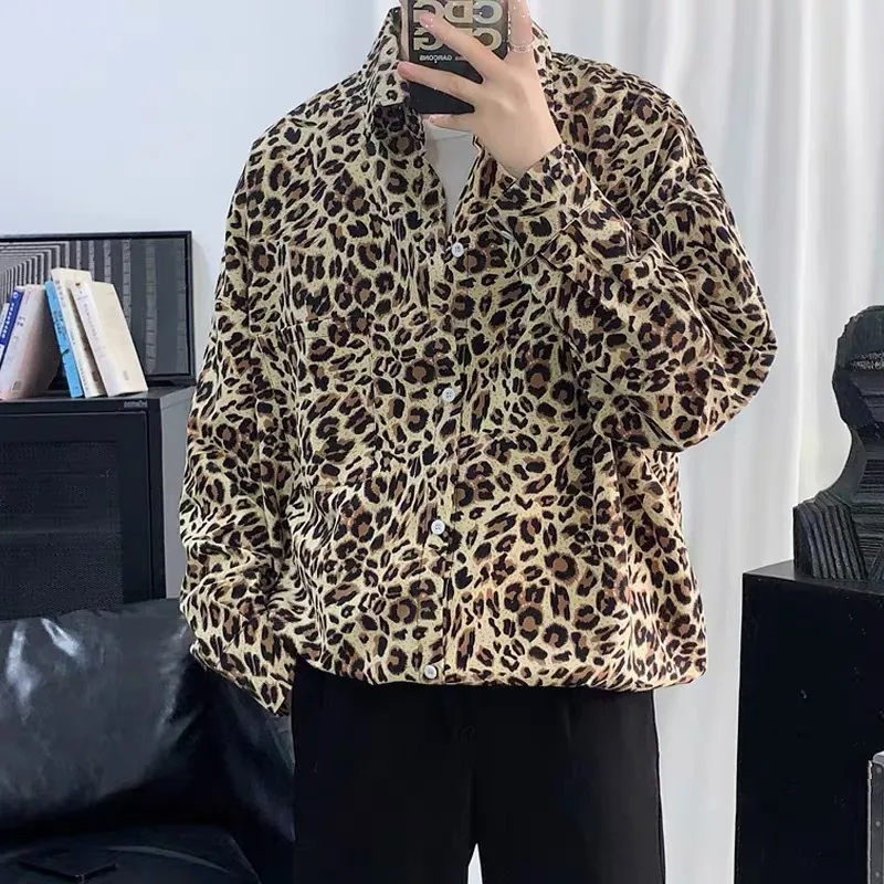 Men Casual Long Sleeve Lapel Single-Breasted Leopard Printed Loose Shirt