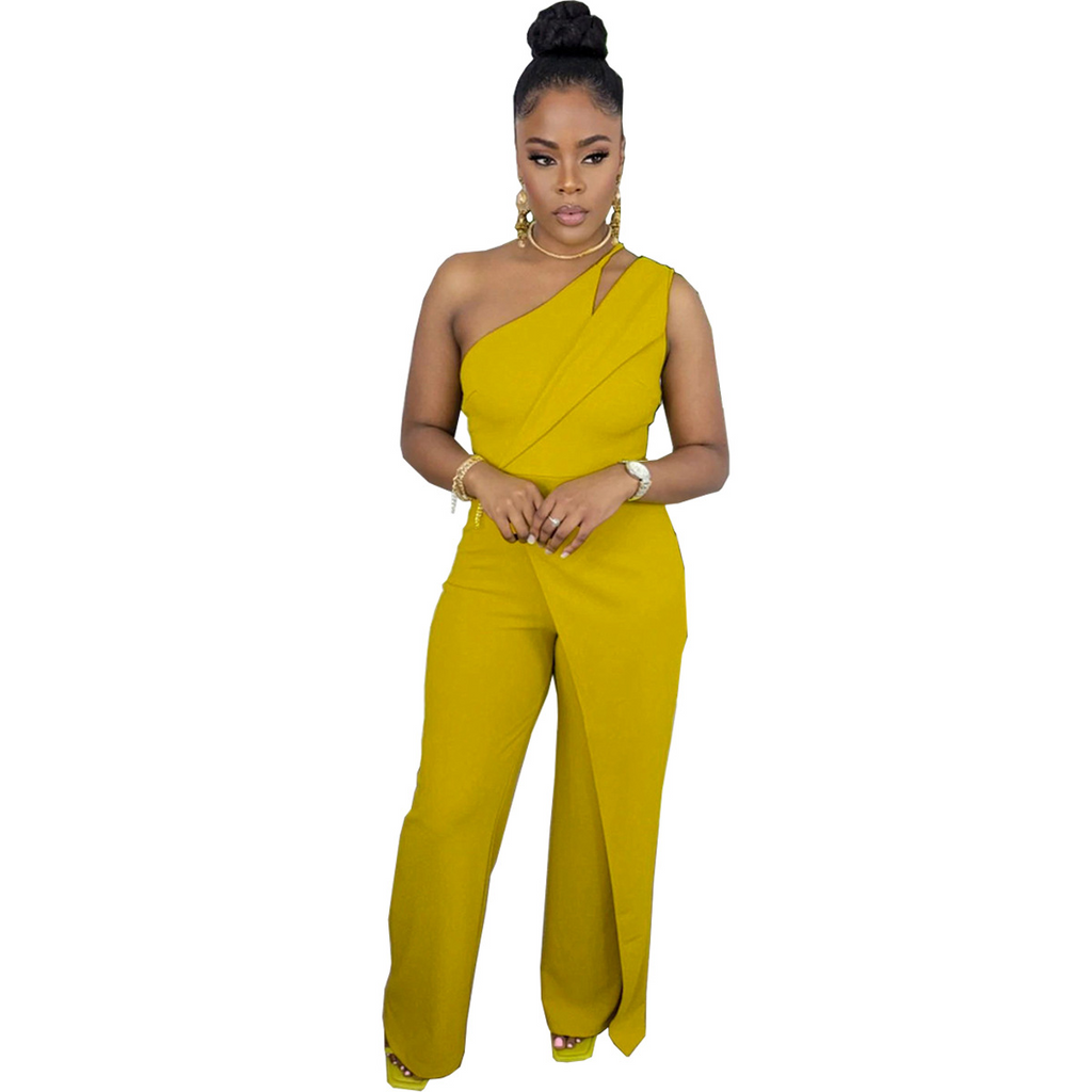 Women Solid Color One-Shoulder Waist Fashion Wide-Leg Jumpsuit