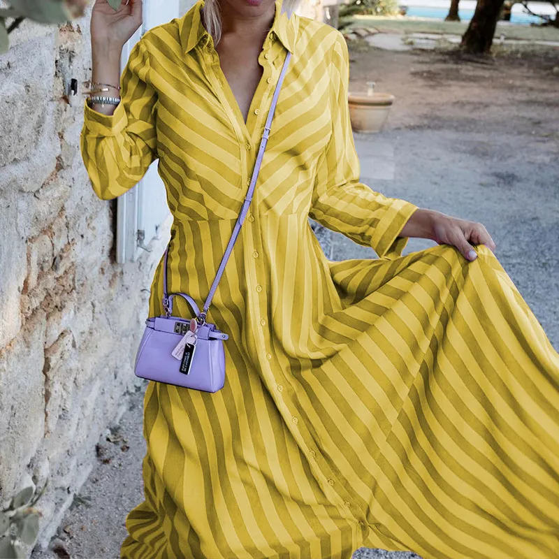 Women Ramadan /Eid Fashion Casual Stripe Long Sleeve Maxi Dress